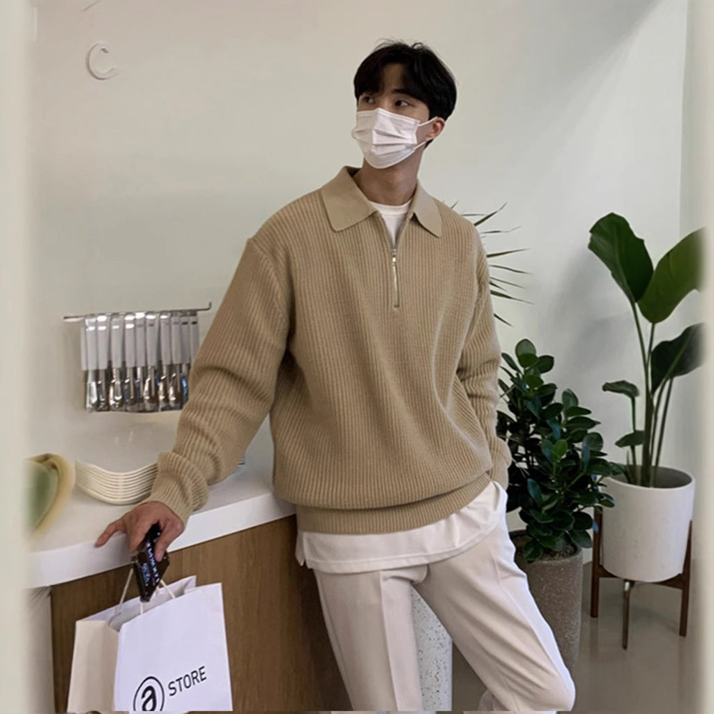 Half Zip Knit Sweater Men Retro Loose Fit Casual Pullover