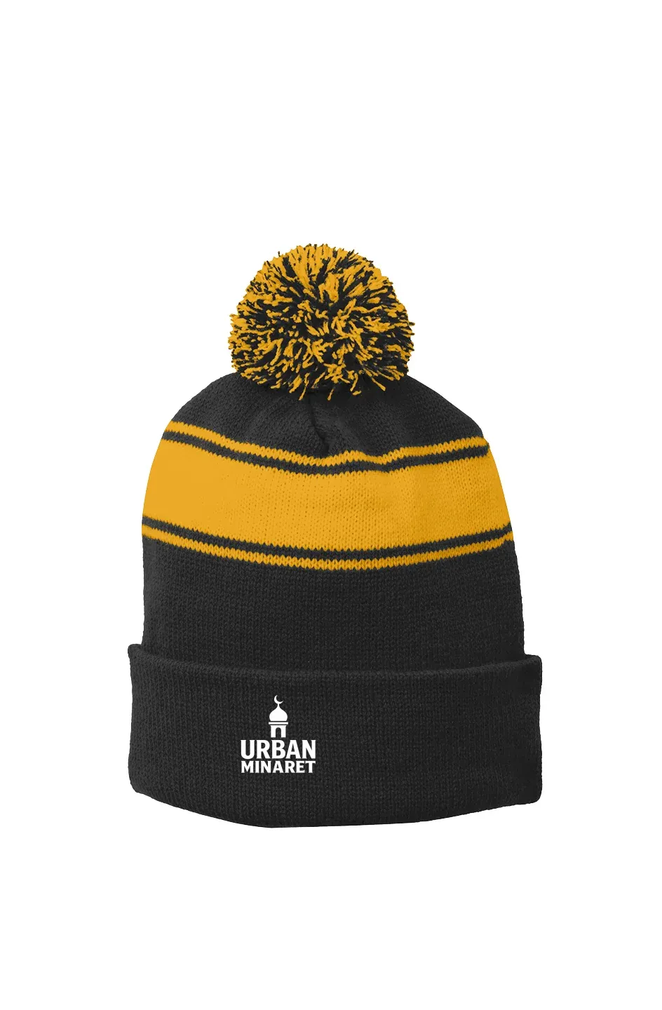 Urban Minaret black and yellow striped pom-pom beanie.