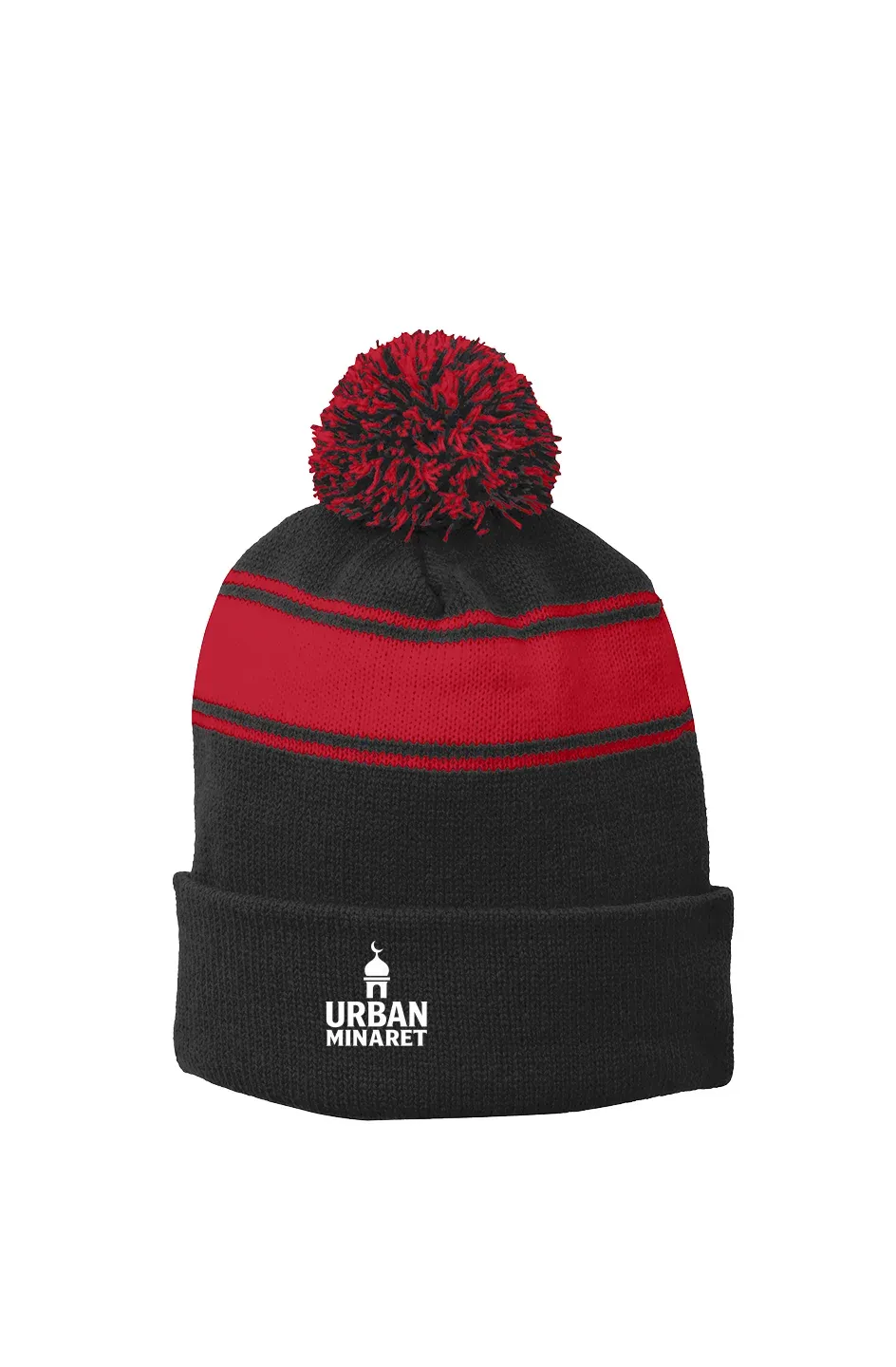 Urban Minaret black and red pom-pom beanie hat.
