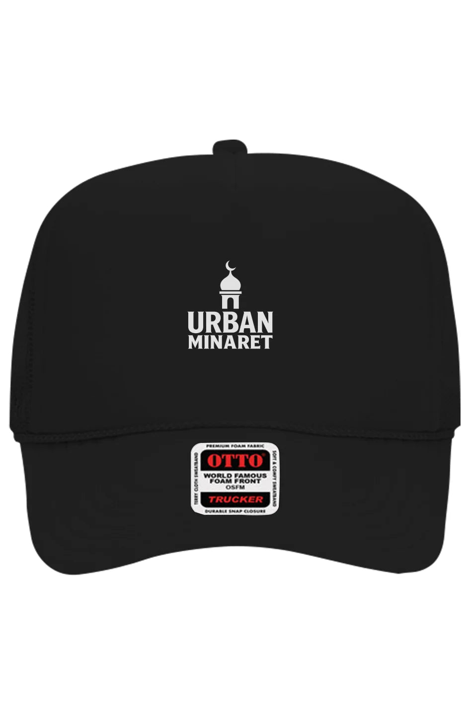 Urban Minaret classic black trucker hat with official logo.