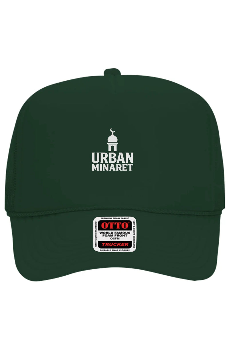 Urban Minaret dark green premium foam front trucker hat.