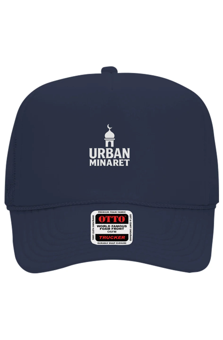 Urban Minaret navy blue trucker hat with white brand logo.