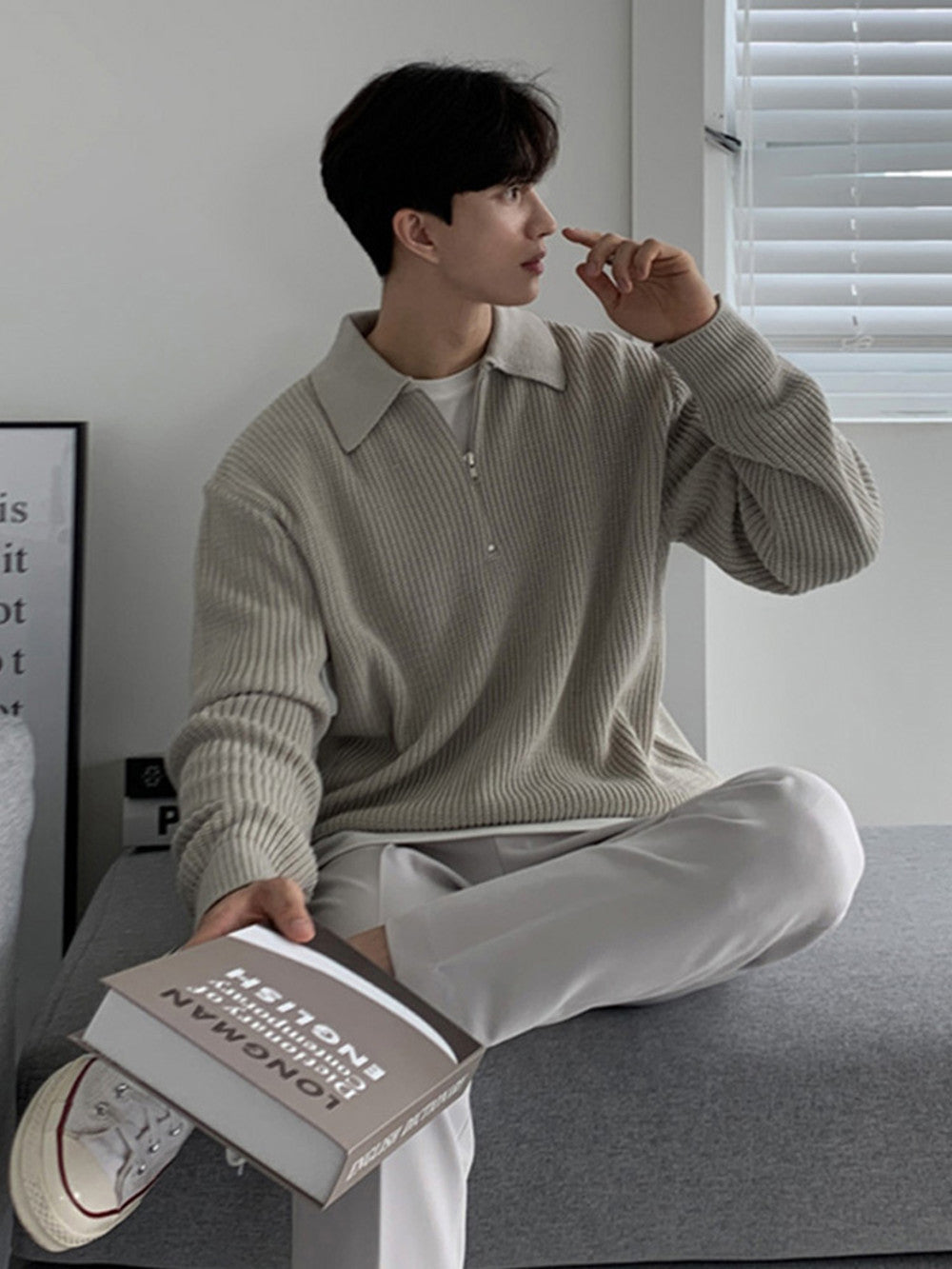 Half Zip Knit Sweater Men Retro Loose Fit Casual Pullover