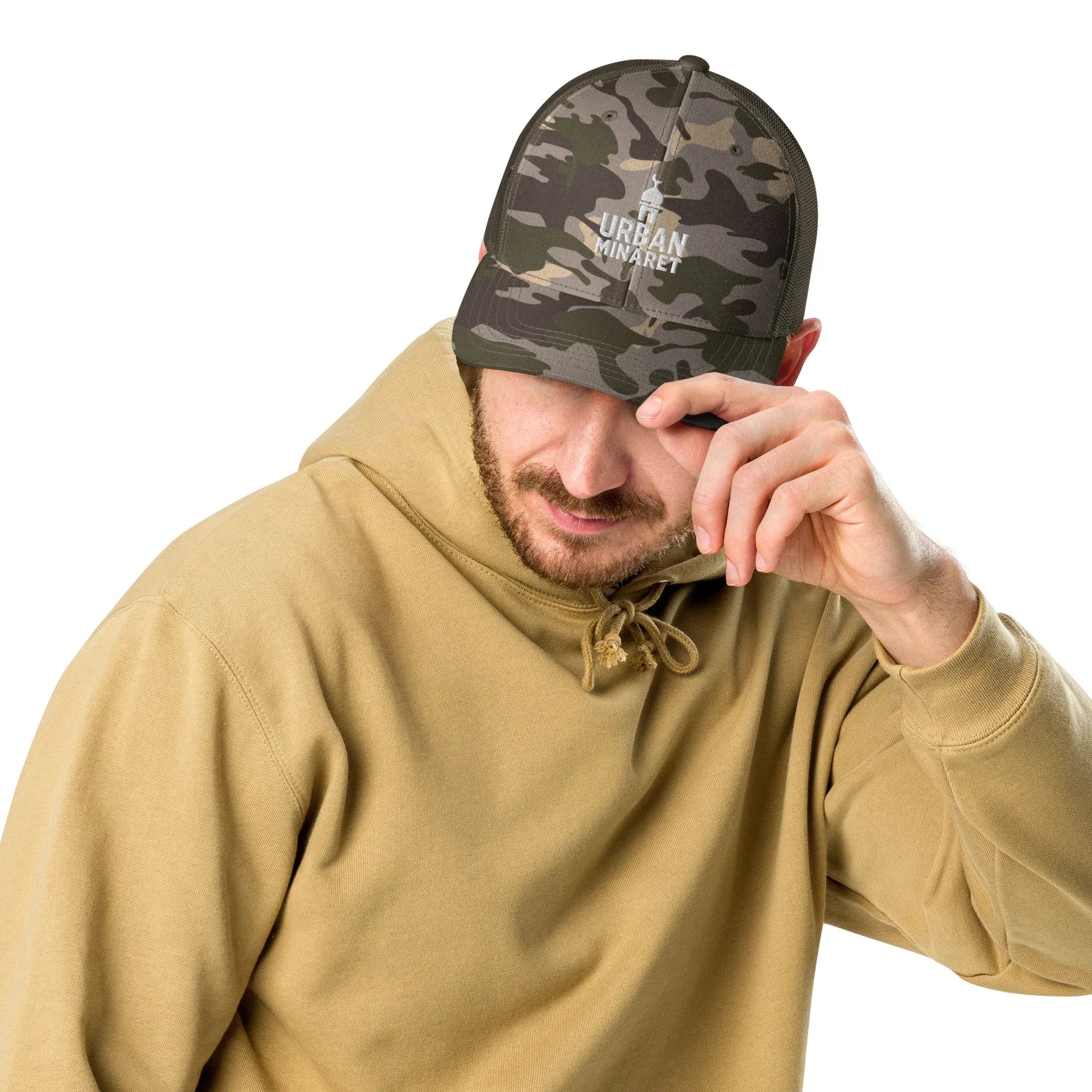 Men’s olive camouflage trucker hat with Urban Minaret logo front view
