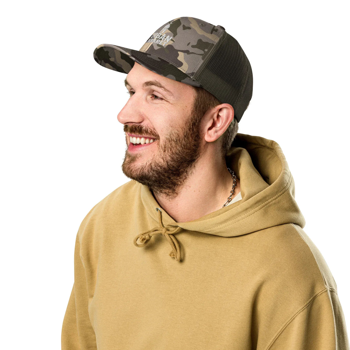 Men’s olive camouflage trucker hat with mesh back side profile