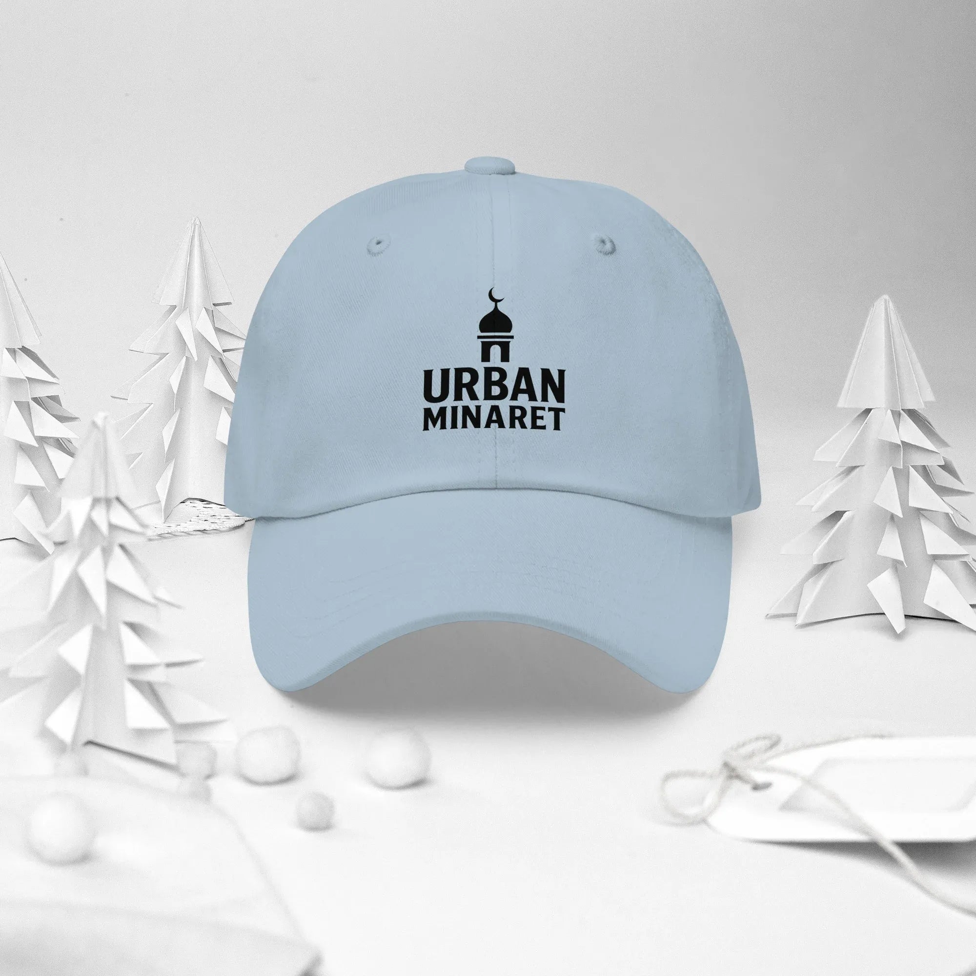 Silver Trucker Hat on a winter background with white paper trees