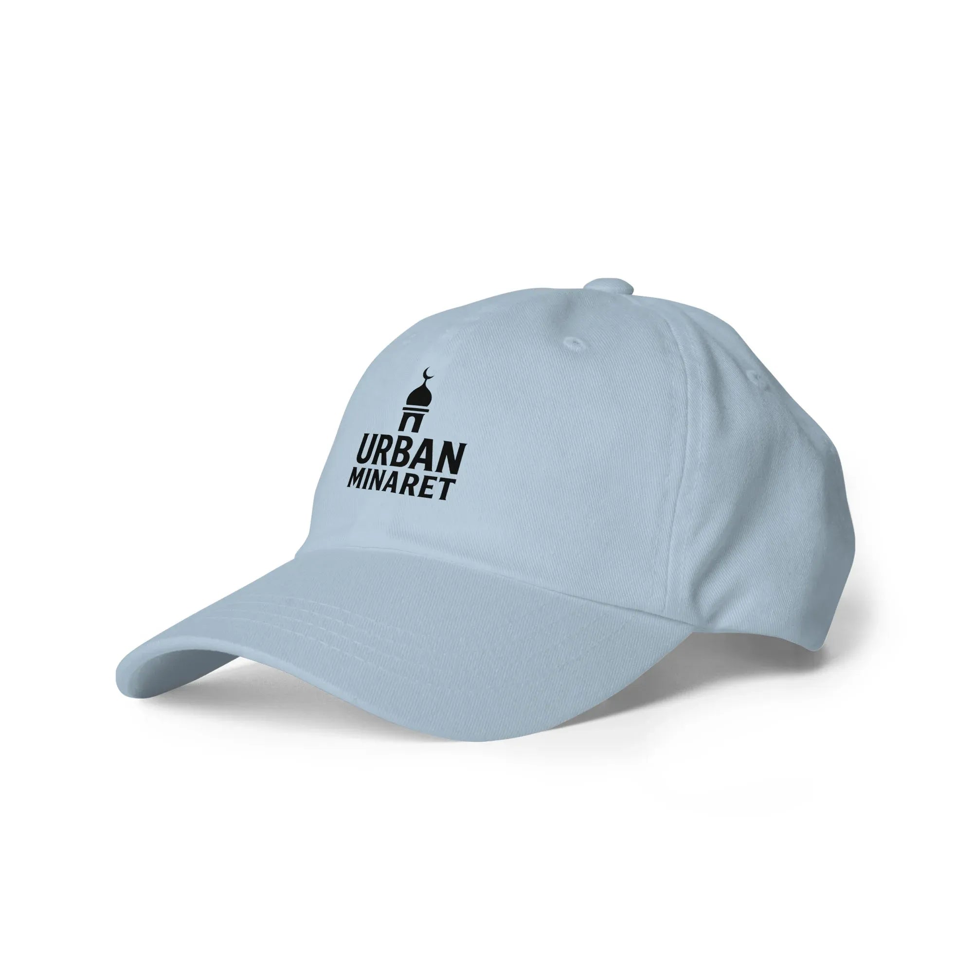 Left front angle of Silver Retro Trucker Hat with black embroidered patch