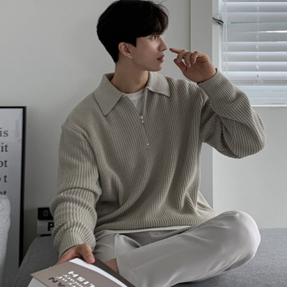 Half Zip Knit Sweater Men Retro Loose Fit Casual Pullover