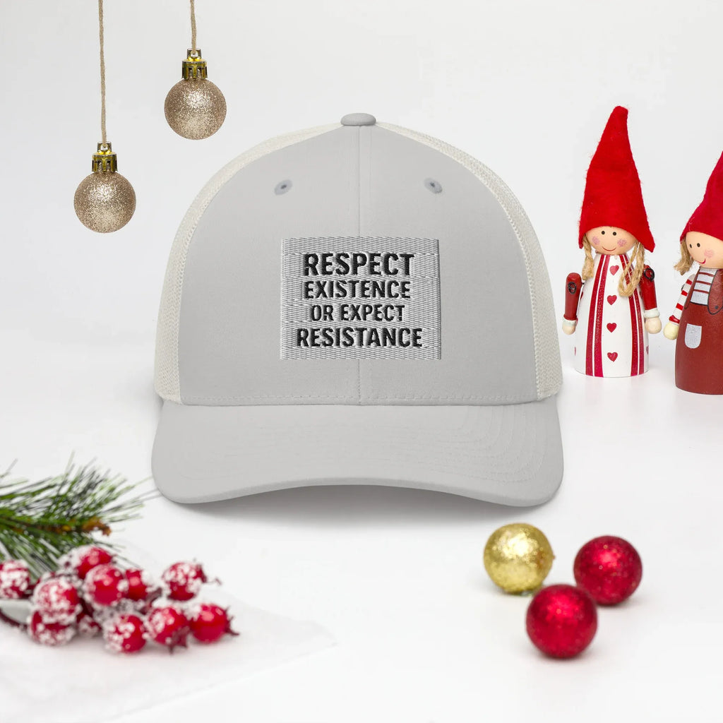 Respect Existence or Expect Resistance Hat styled with Christmas ornaments and gnomes