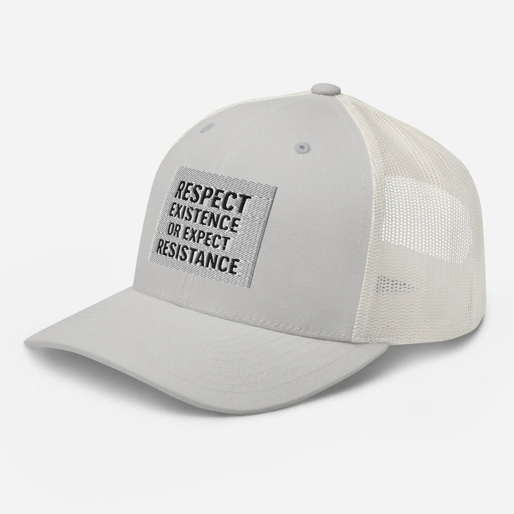 Respect Existence patch on Silver Retro Trucker Hat - Front-Left perspective