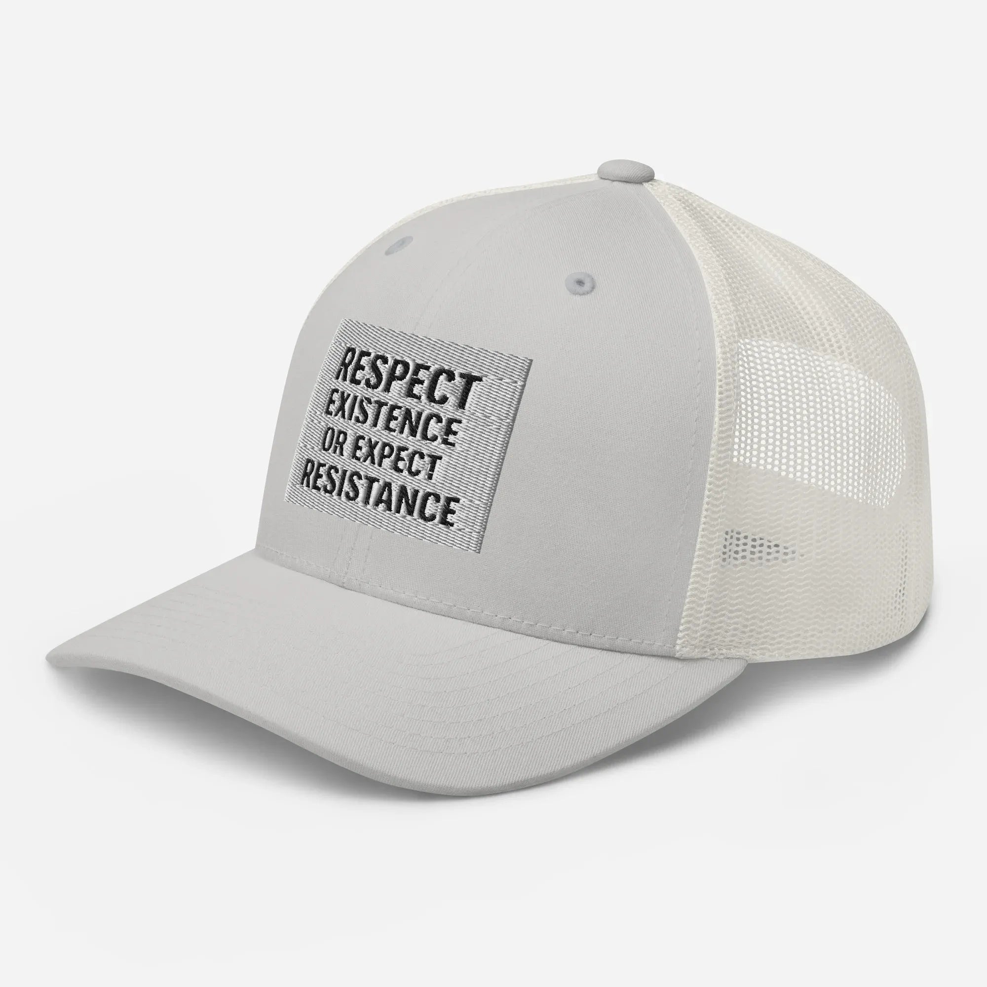 Respect Existence patch on Silver Retro Trucker Hat - Front-Left perspective