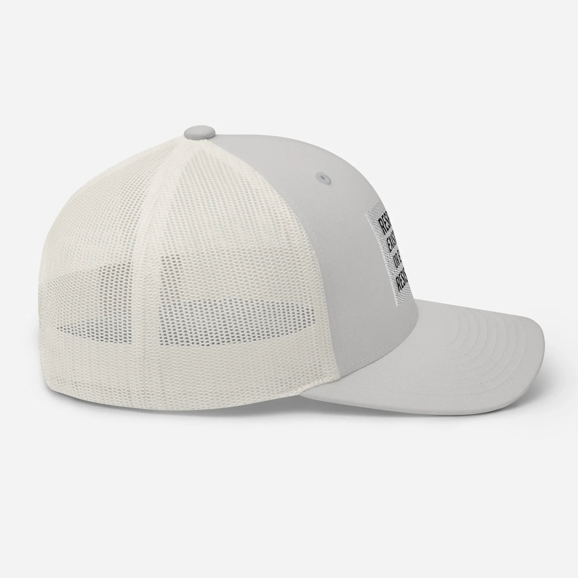 Side profile of Silver Mesh Retro Trucker Hat showing breathable white mesh back