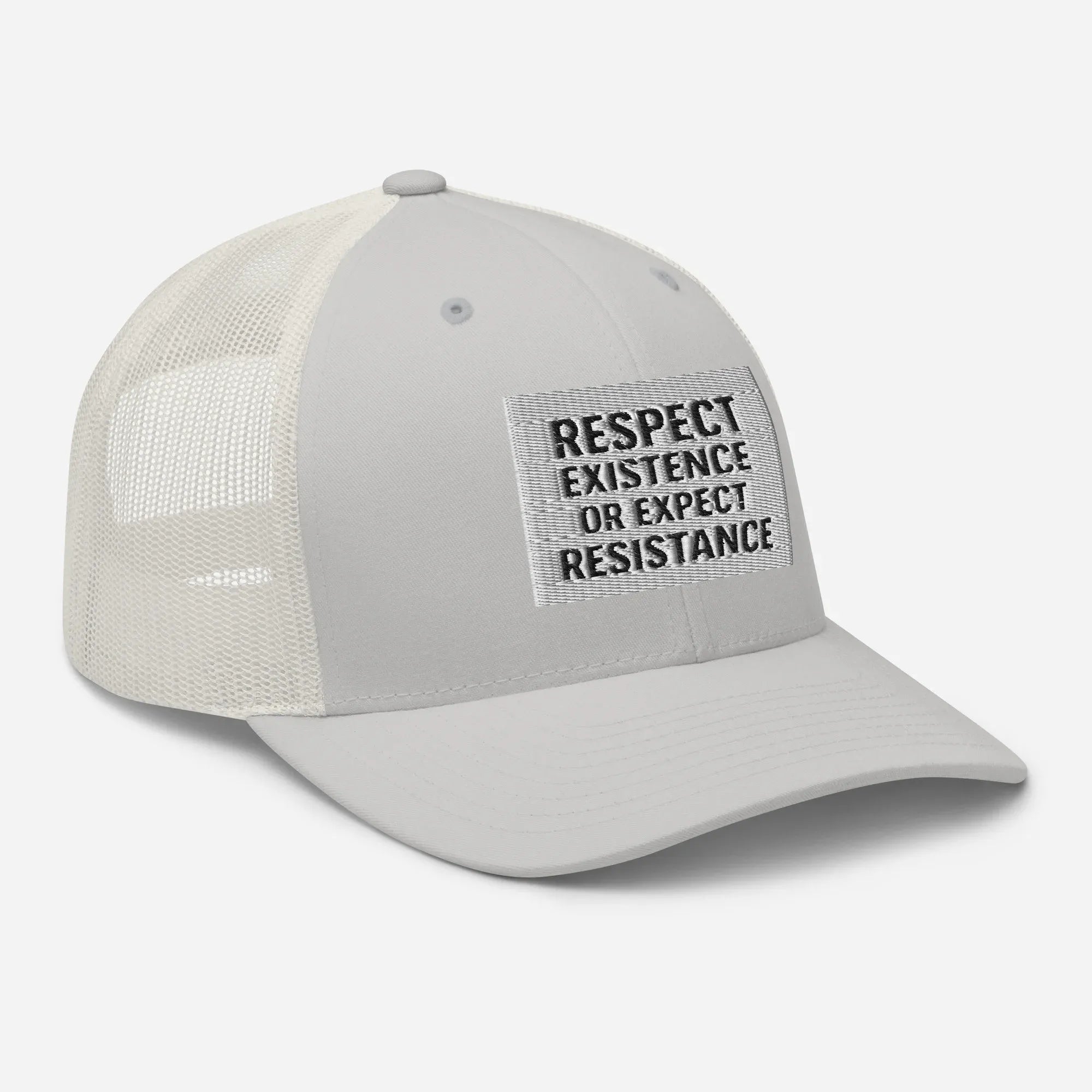 Silver Retro Trucker Hat with Respect Existence or Expect Resistance Patch